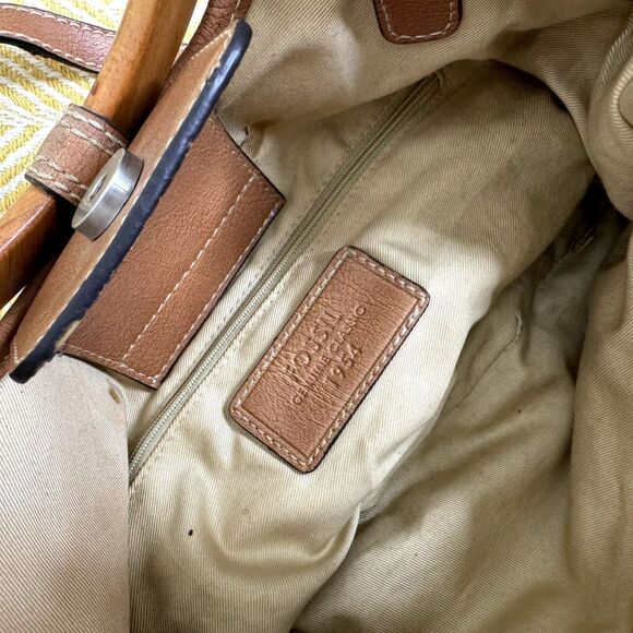 Fossil Canvas Leather Wood Satchel Purse Bag Double Handle Stripe bv - Picture 11 of 11